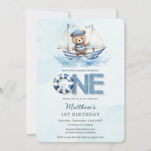 Cute Nautical Blue Boat Teddy Bear 1st Birthday Invitation