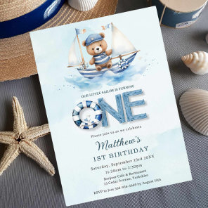 Cute Nautical Blue Boat Teddy Bear 1st Birthday Invitation