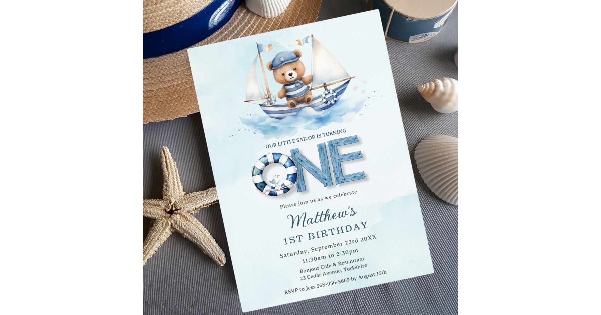 Cute Nautical Blue Boat Teddy Bear 1st Birthday Invitation