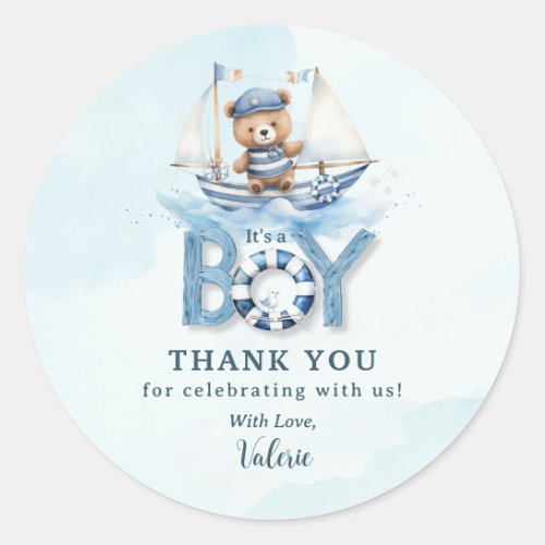 Cute Nautical Blue Boat Teddy Bear Boy Baby Shower Classic Round Sticker
