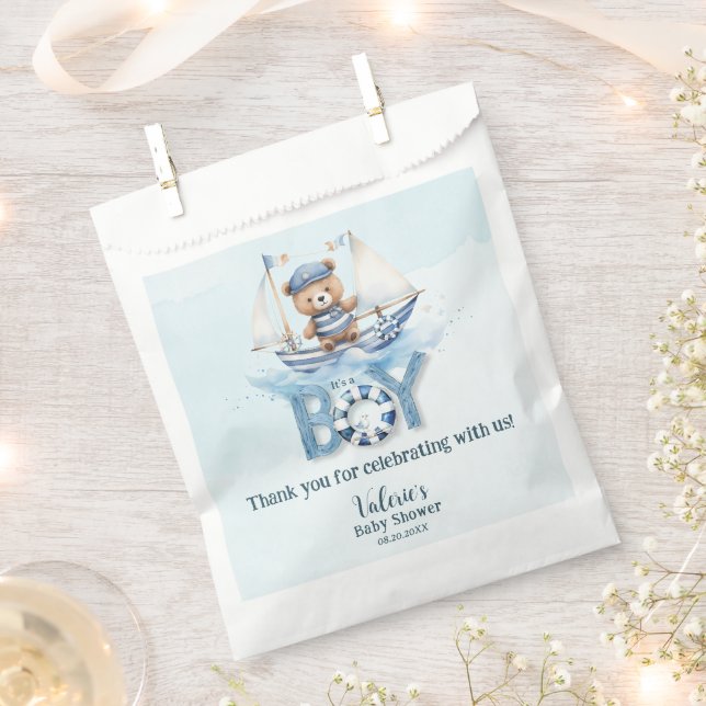 Cute Nautical Blue Boat Teddy Bear Boy Baby Shower Favor Bag (Clipped)
