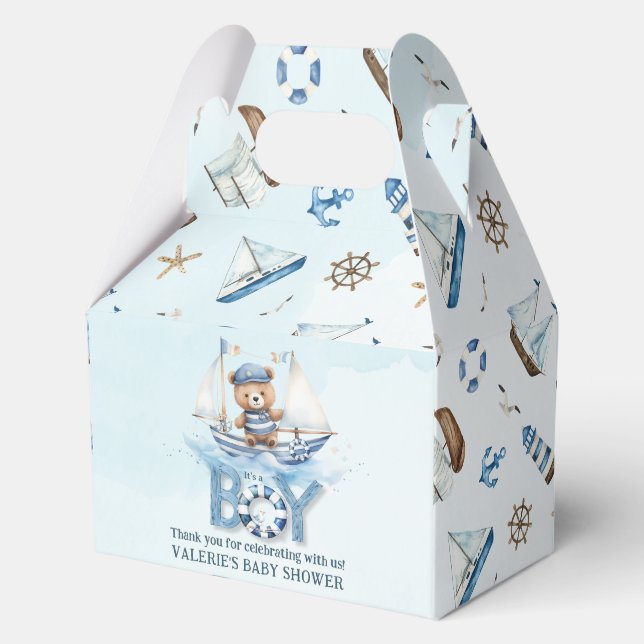 Cute Nautical Blue Boat Teddy Bear Boy Baby Shower Favor Boxes (Back)