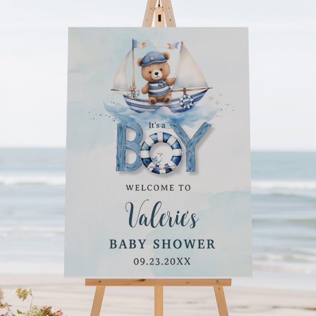 Cute Nautical Blue Boat Teddy Bear Boy Baby Shower Foam Board (Creator Uploaded)
