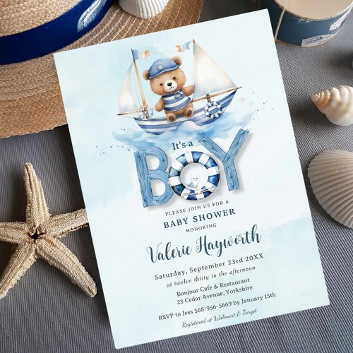 Cute Nautical Blue Boat Teddy Bear Boy Baby Shower