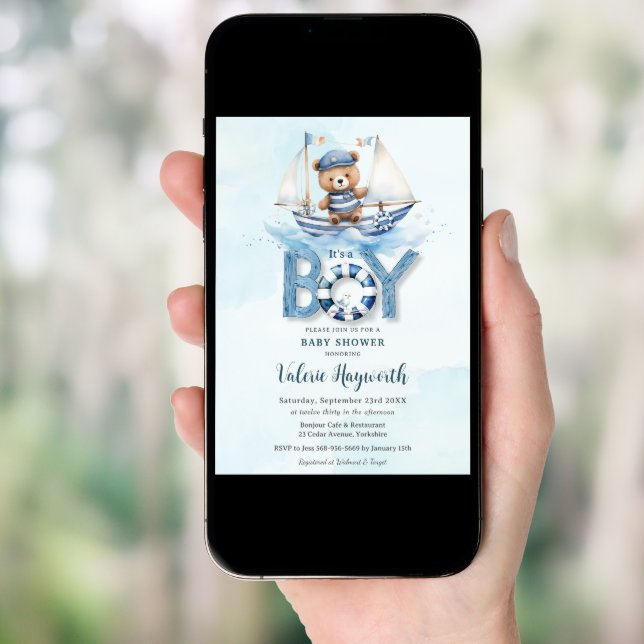 Cute Nautical Blue Boat Teddy Bear Boy Baby Shower Invitation (Front Digital)