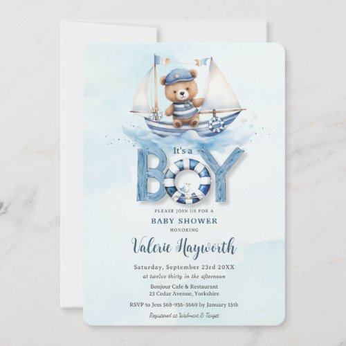 Cute Nautical Blue Boat Teddy Bear Boy Baby Shower Invitation