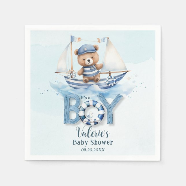 Cute Nautical Blue Boat Teddy Bear Boy Baby Shower Napkins (Front)