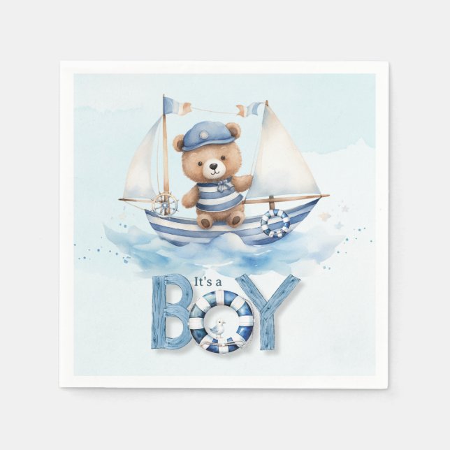 Cute Nautical Blue Boat Teddy Bear Boy Baby Shower Napkins (Front)