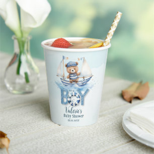 Cute Nautical Blue Boat Teddy Bear Boy Baby Shower Paper Cups