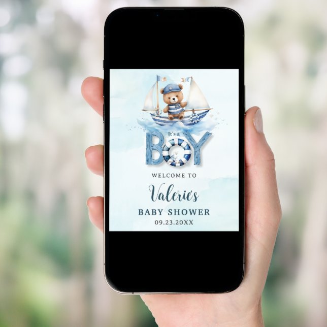 Cute Nautical Blue Boat Teddy Bear Boy Baby Shower Poster (Front Digital)