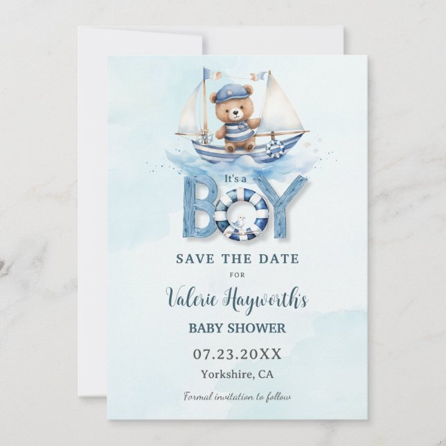 Cute Nautical Blue Boat Teddy Bear Boy Baby Shower Save The Date (Front)