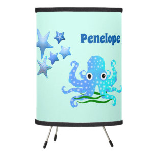 Cute Nautical Blue Octopus with Sea Stars and Name Tripod Lamp
