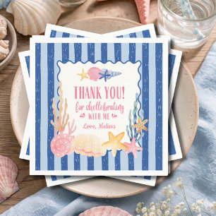 Cute Nautical Blue Pink Seashell Thank You Napkins