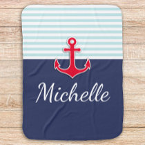 Cute Nautical Blue &amp; Red Design Custom Name Baby Blanket