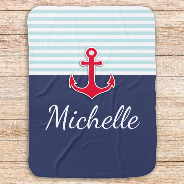 Cute Nautical Blue & Red Design Custom Name Baby Blanket (Creator Uploaded)