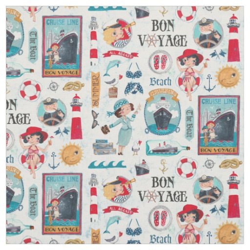 Cute Nautical Blue Red Summer Travel beach Cruise Fabric
