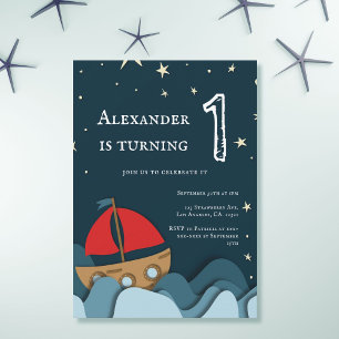 Cute Nautical Blue Sailboat Boy First Birthday Invitation