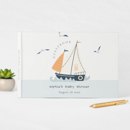 Cute Nautical Blue Sailboat Pastel Baby Shower Guest Book