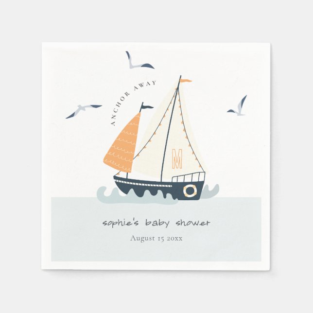 Cute Nautical Blue Sailboat Pastel Baby Shower Napkins (Front)