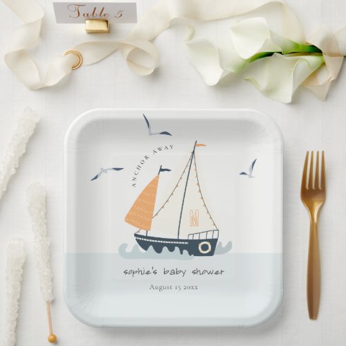 Cute Nautical Blue Sailboat Pastel Baby Shower Paper Plates