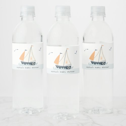 Cute Nautical Blue Sailboat Pastel Baby Shower Water Bottle Label