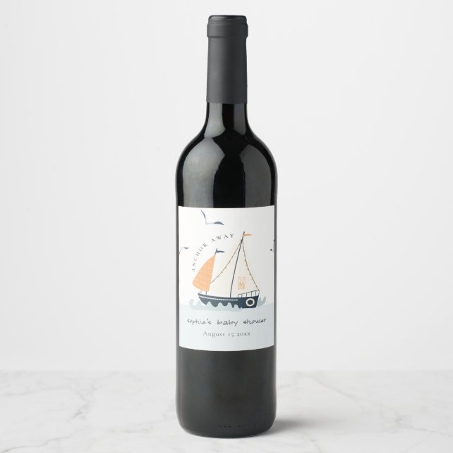 Cute Nautical Blue Sailboat Pastel Baby Shower Wine Label (Front)