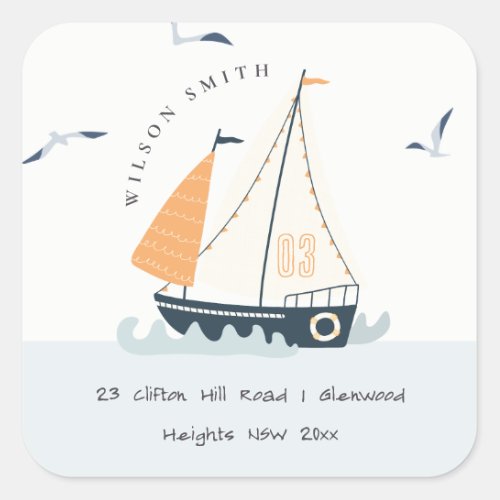 Cute Nautical Blue Sailboat Pastel Kids Address Square Sticker