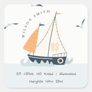 Cute Nautical Blue Sailboat Pastel Kids Address Square Sticker