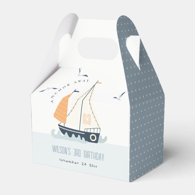 Cute Nautical Blue Sailboat Pastel Kids Birthday Favor Boxes (Front Side)