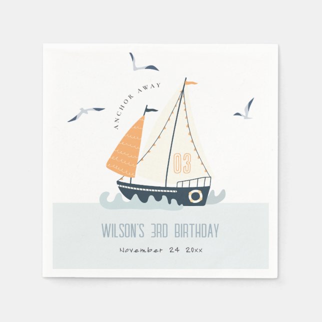 Cute Nautical Blue Sailboat Pastel Kids Birthday Napkins (Front)