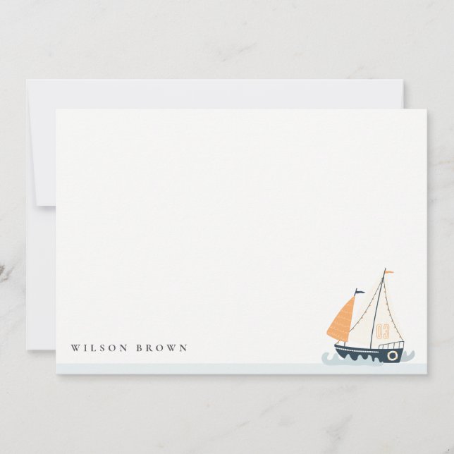 Cute Nautical Blue Sailboat Pastel Kids Birthday Note Card (Front)