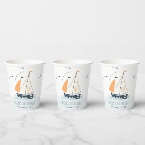 Cute Nautical Blue Sailboat Pastel Kids Birthday Paper Cups