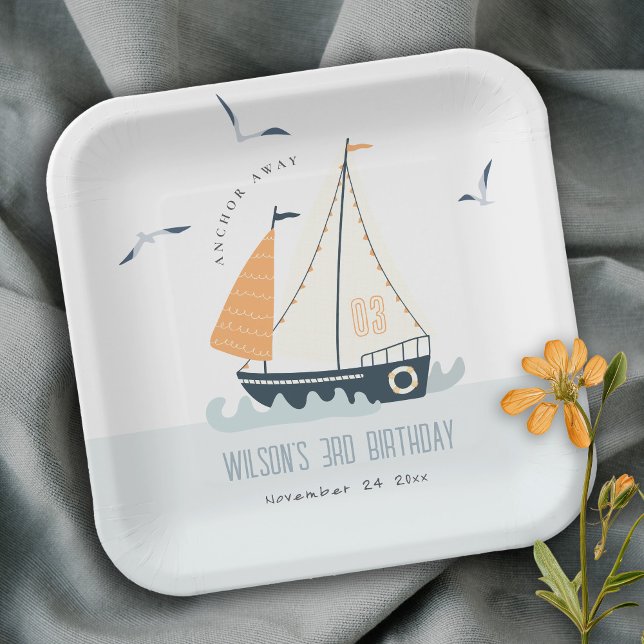 Cute Nautical Blue Sailboat Pastel Kids Birthday Paper Plates (Creator Uploaded)
