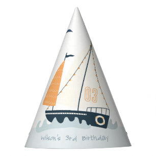 Cute Nautical Blue Sailboat Pastel Kids Birthday Party Hat