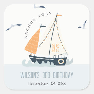 Cute Nautical Blue Sailboat Pastel Kids Birthday Square Sticker