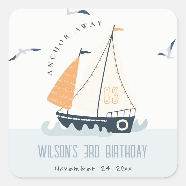 Cute Nautical Blue Sailboat Pastel Kids Birthday Square Sticker (Front)