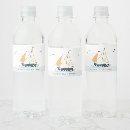 Cute Nautical Blue Sailboat Pastel Kids Birthday Water Bottle Label