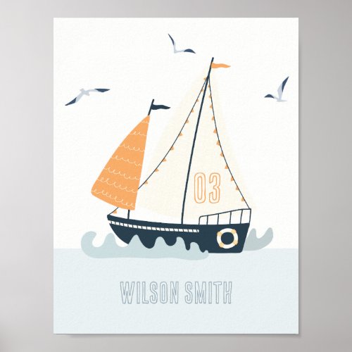 Cute Nautical Blue Sailboat Pastel Kids Nursery  Poster