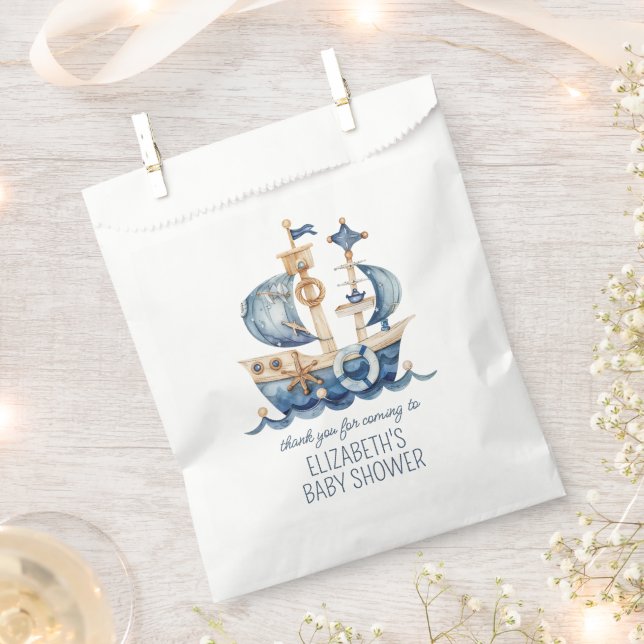 Cute Nautical Blue Sailing Ship Baby Shower Favor Bag (Clipped)