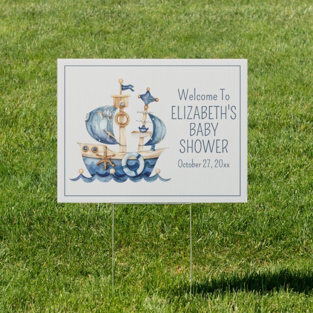 Cute Nautical Blue Sailing Ship Baby Shower Sign (Insitu)