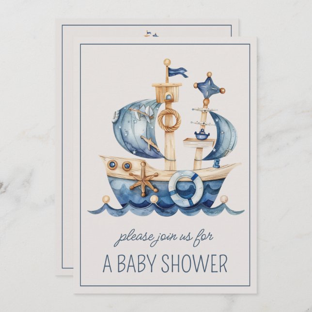 Cute Nautical Blue Sailing Ship Personalized Invitation (Front/Back)