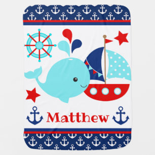 Cute Nautical Blue Whale and Anchors Pattern Baby Blanket