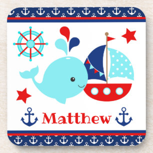 Cute Nautical Blue Whale and Anchors Pattern Beverage Coaster