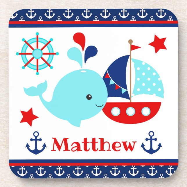 Cute Nautical Blue Whale and Anchors Pattern Beverage Coaster (Front)