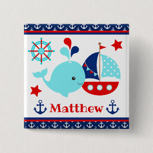 Cute Nautical Blue Whale and Anchors Pattern Button