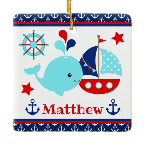 Cute Nautical Blue Whale and Anchors Pattern Ceramic Ornament