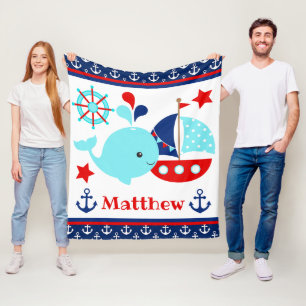 Cute Nautical Blue Whale and Anchors Pattern Fleece Blanket