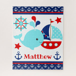 Cute Nautical Blue Whale and Anchors Pattern Jigsaw Puzzle
