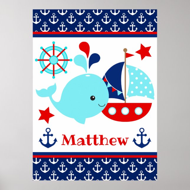 Cute Nautical Blue Whale and Anchors Pattern Poster (Front)