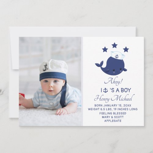 Cute Nautical Blue Whale Baby Boy Birth Announcement